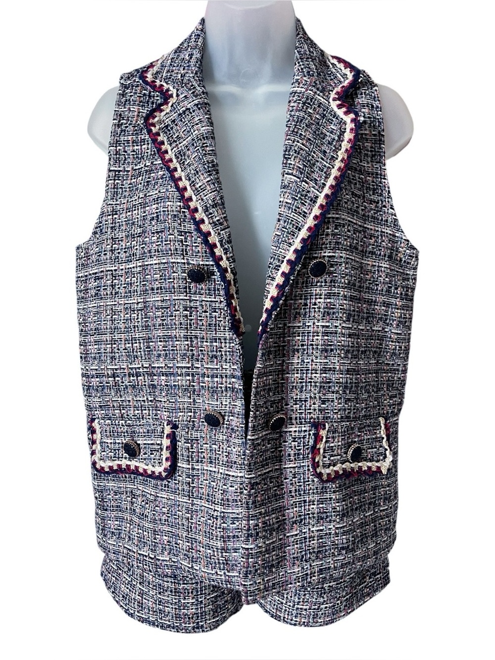 Bouclé Tweed Vest & Shorts Set High Waist Navy Multicolor Braided Trim